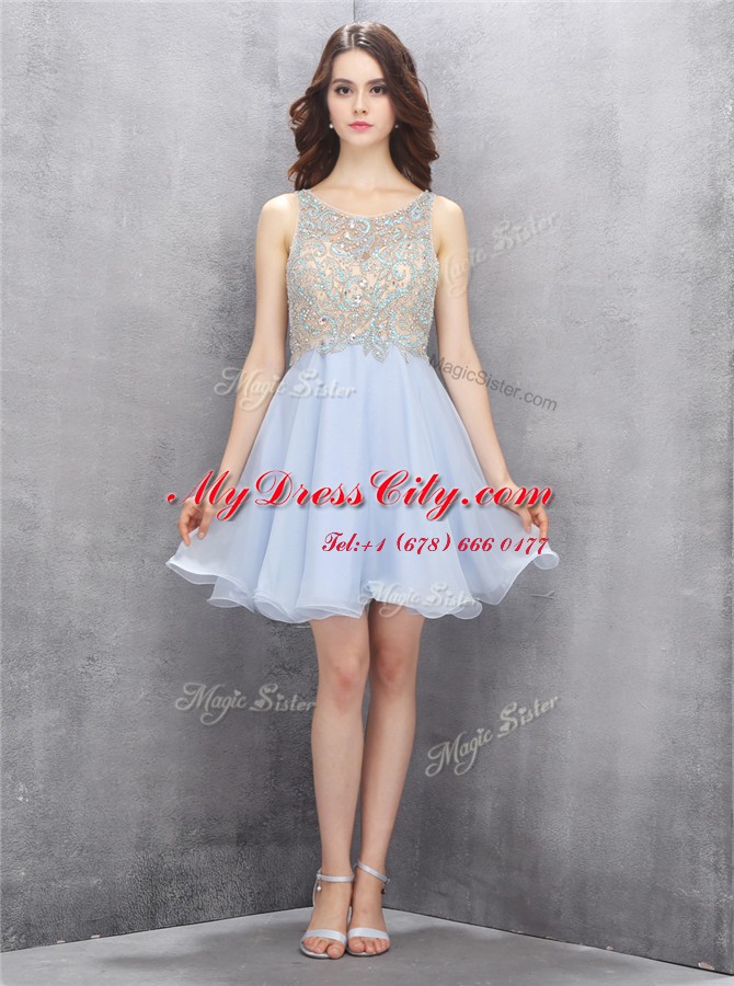 Custom Fit Scoop Sleeveless Mini Length Beading and Sequins Zipper Prom Evening Gown with Light Blue