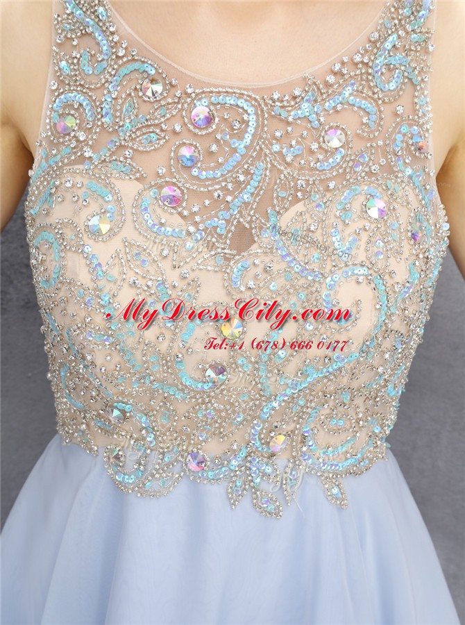 Custom Fit Scoop Sleeveless Mini Length Beading and Sequins Zipper Prom Evening Gown with Light Blue