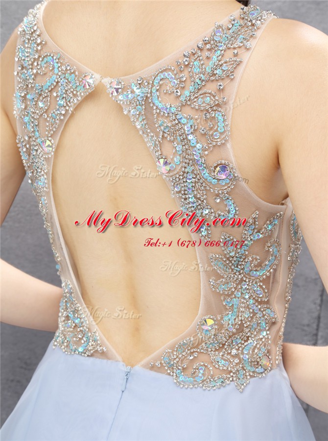 Custom Fit Scoop Sleeveless Mini Length Beading and Sequins Zipper Prom Evening Gown with Light Blue