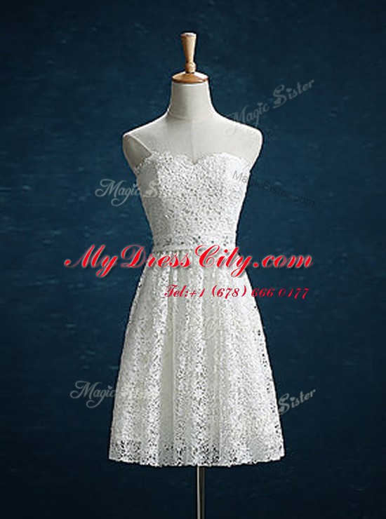 Sweet White A-line Beading Evening Dress Zipper Lace Sleeveless Mini Length