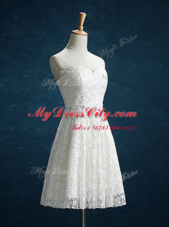 Sweet White A-line Beading Evening Dress Zipper Lace Sleeveless Mini Length