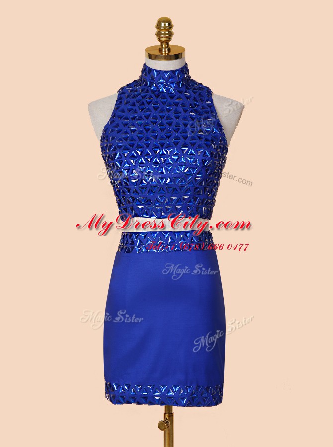 Elegant Backless Mini Length Royal Blue Dress for Prom Satin Sleeveless Beading