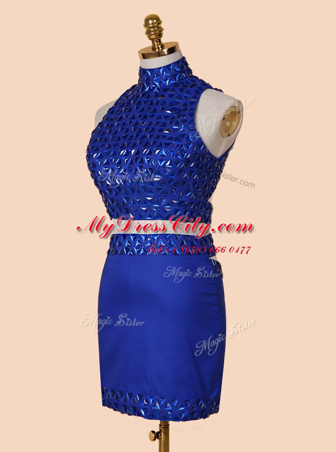 Elegant Backless Mini Length Royal Blue Dress for Prom Satin Sleeveless Beading