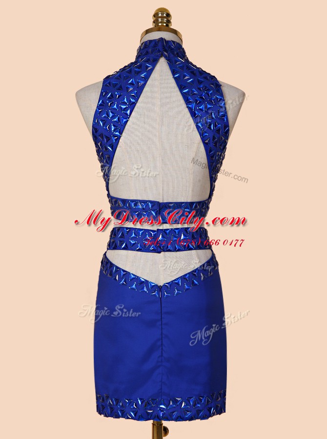 Elegant Backless Mini Length Royal Blue Dress for Prom Satin Sleeveless Beading