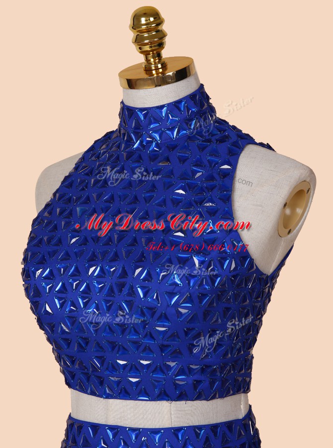 Elegant Backless Mini Length Royal Blue Dress for Prom Satin Sleeveless Beading