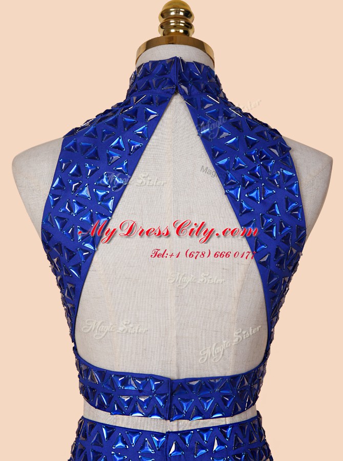 Elegant Backless Mini Length Royal Blue Dress for Prom Satin Sleeveless Beading