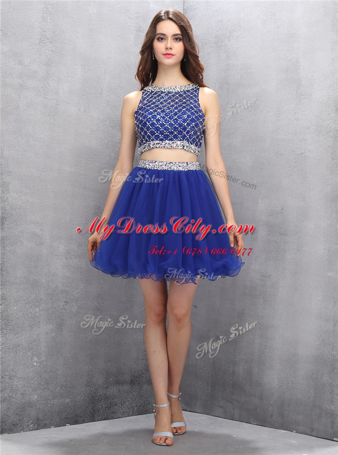 Royal Blue Organza Side Zipper Scoop Sleeveless Mini Length Prom Gown Beading