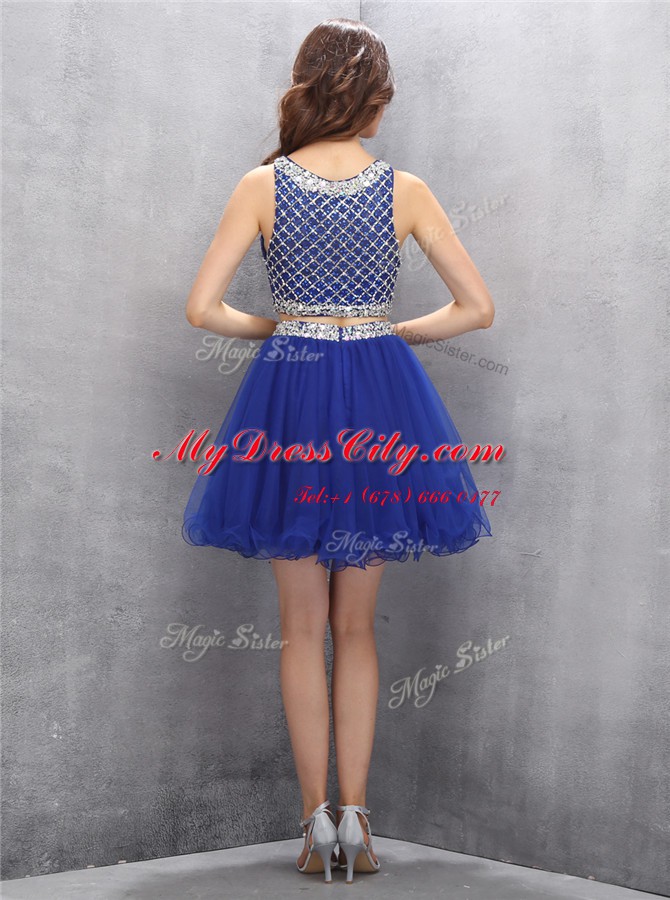 Royal Blue Organza Side Zipper Scoop Sleeveless Mini Length Prom Gown Beading