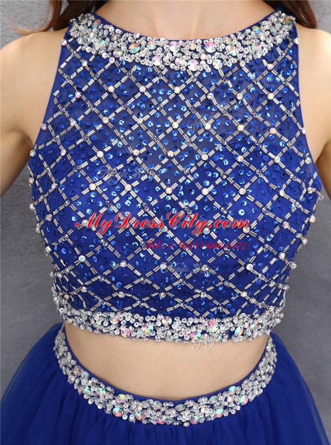 Royal Blue Organza Side Zipper Scoop Sleeveless Mini Length Prom Gown Beading