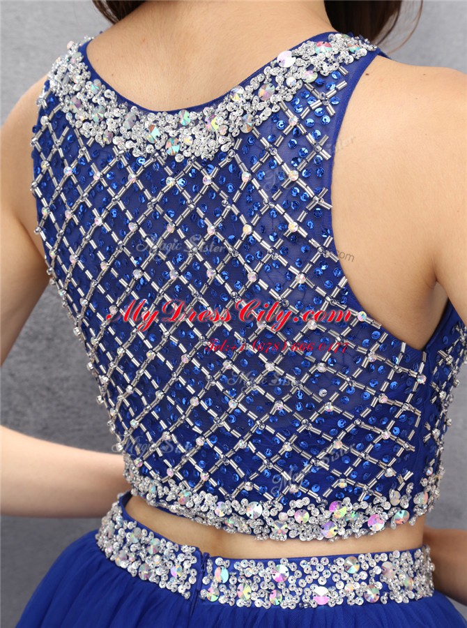 Royal Blue Organza Side Zipper Scoop Sleeveless Mini Length Prom Gown Beading