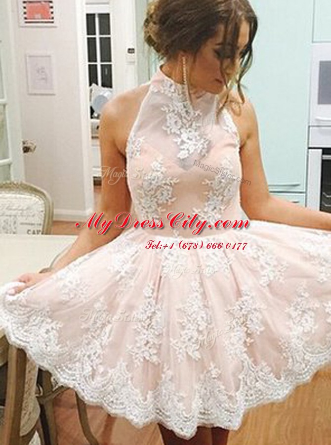 A-line Prom Dresses Champagne High-neck Lace Sleeveless Mini Length Zipper