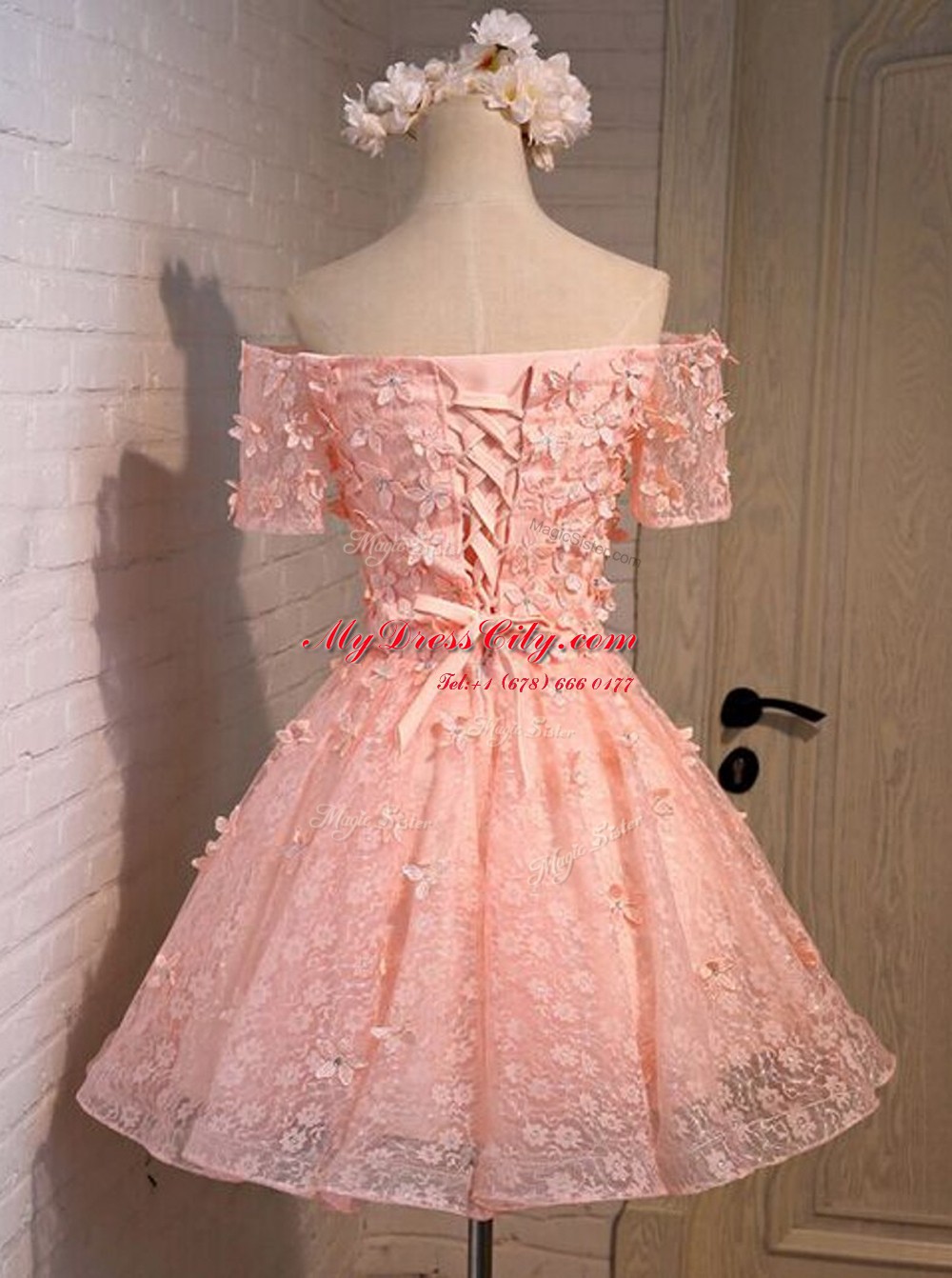 Custom Design Off the Shoulder Lace Sleeveless Mini Length Homecoming Dress and Appliques