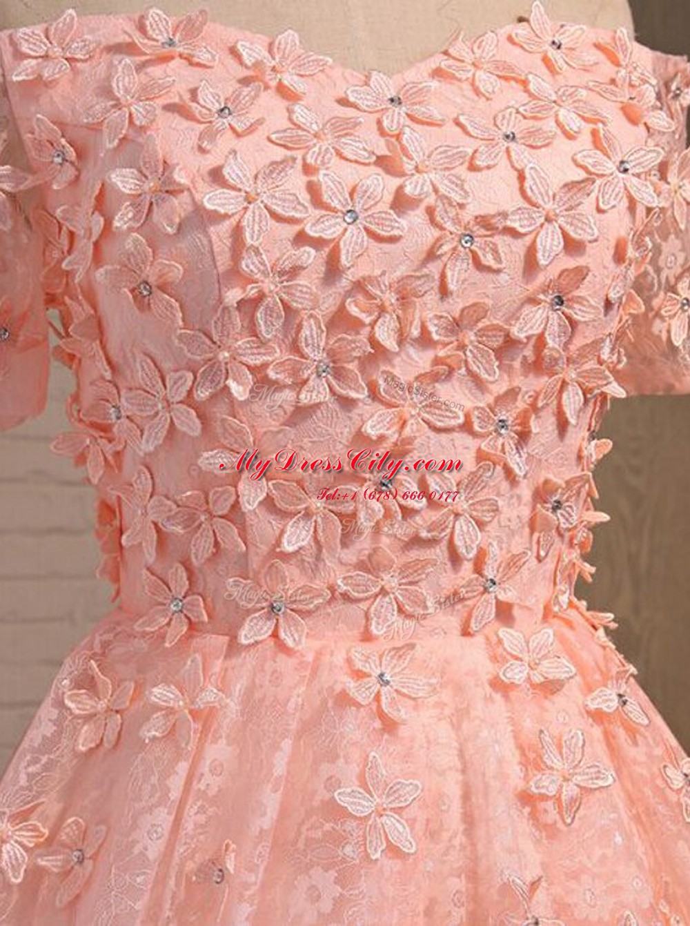 Custom Design Off the Shoulder Lace Sleeveless Mini Length Homecoming Dress and Appliques