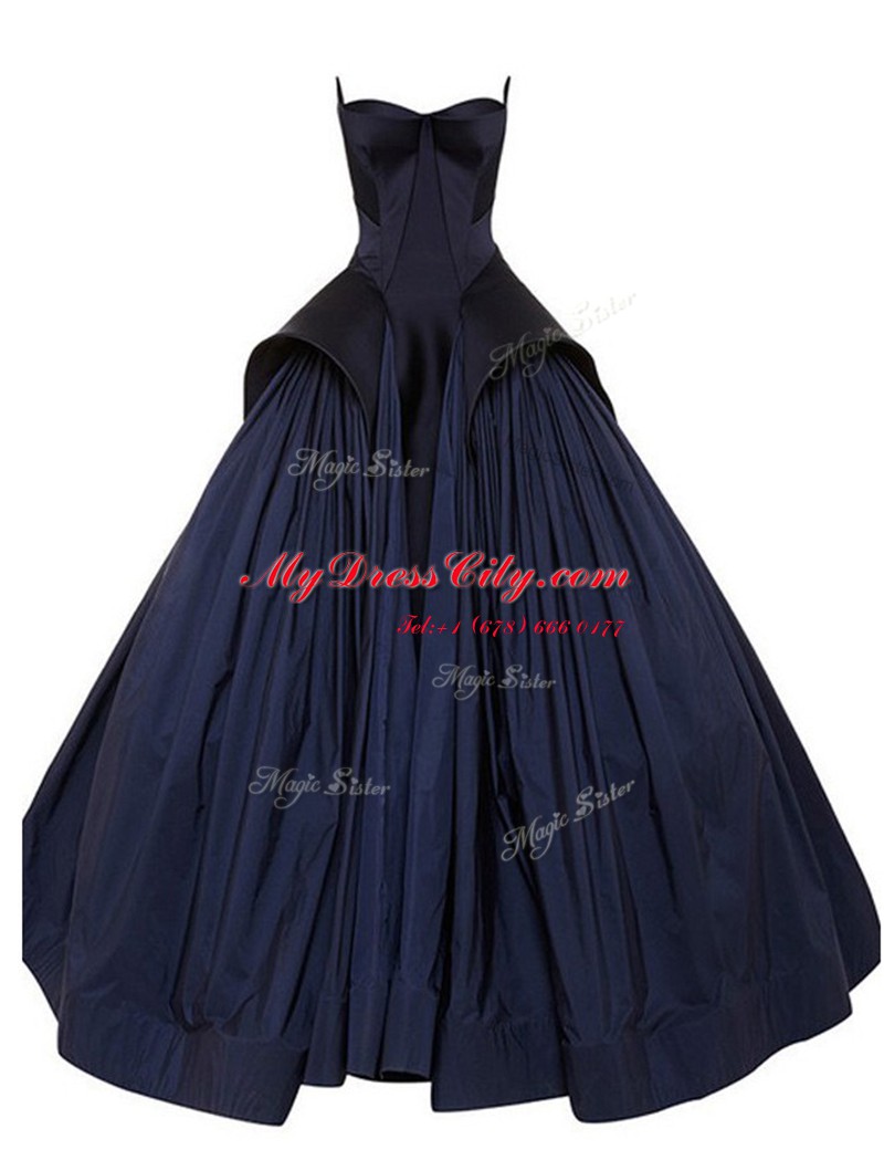 Ruching Navy Blue Zipper Sleeveless Floor Length