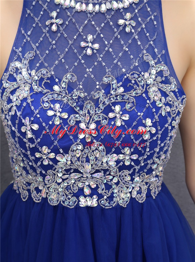 Eye-catching Scoop Royal Blue Zipper Prom Evening Gown Beading Sleeveless Mini Length