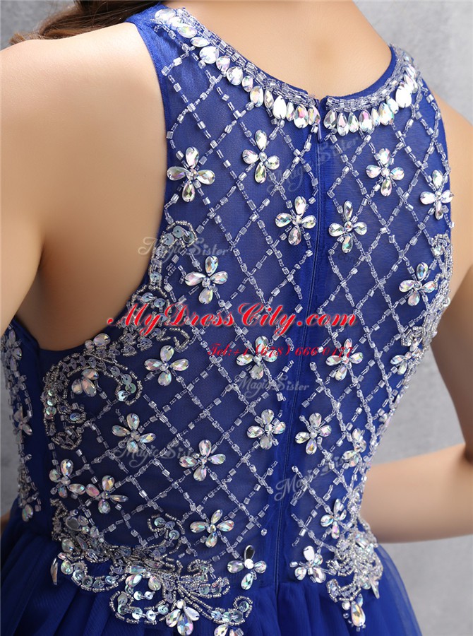 Eye-catching Scoop Royal Blue Zipper Prom Evening Gown Beading Sleeveless Mini Length