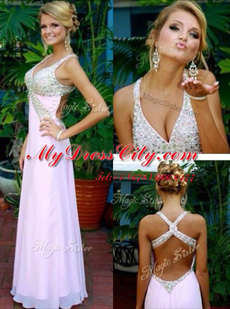 Chiffon V-neck Sleeveless Criss Cross Beading Homecoming Dress in Pink