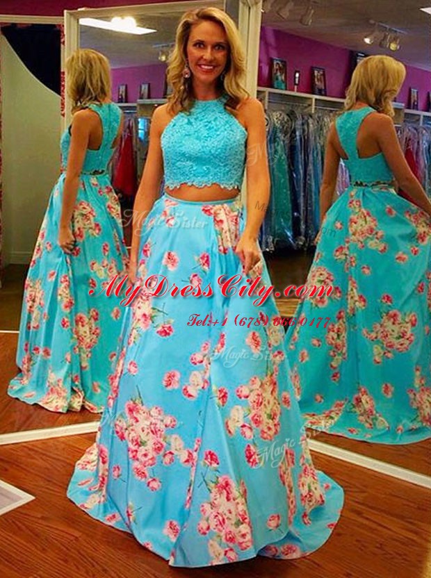 Exquisite Halter Top Sleeveless Satin Floor Length Zipper Evening Dress in Blue with Beading and Appliques and Pattern