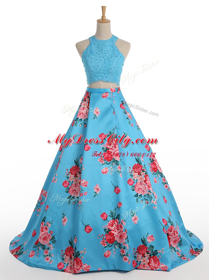 Exquisite Halter Top Sleeveless Satin Floor Length Zipper Evening Dress in Blue with Beading and Appliques and Pattern