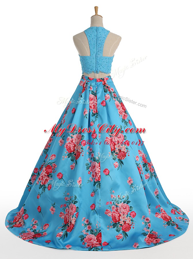 Exquisite Halter Top Sleeveless Satin Floor Length Zipper Evening Dress in Blue with Beading and Appliques and Pattern