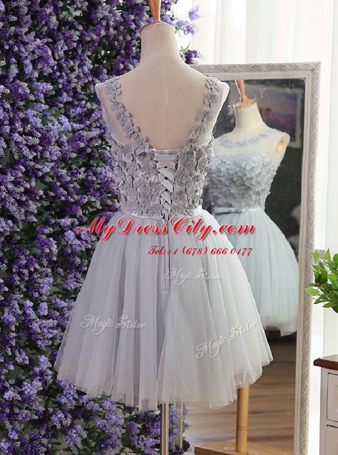 Tulle Scoop Sleeveless Lace Up Appliques Juniors Party Dress in Grey