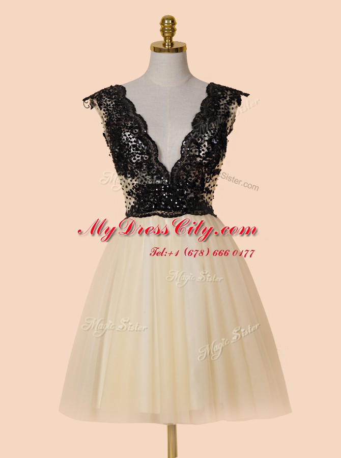 Champagne Cap Sleeves Knee Length Appliques and Sequins Zipper Prom Dress