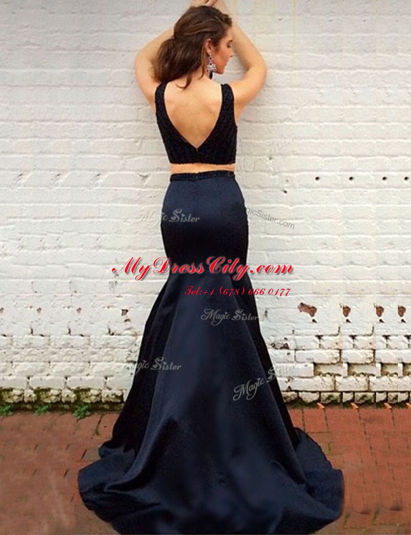 Colorful Black Sleeveless Elastic Woven Satin Brush Train Zipper Prom Dress for Prom