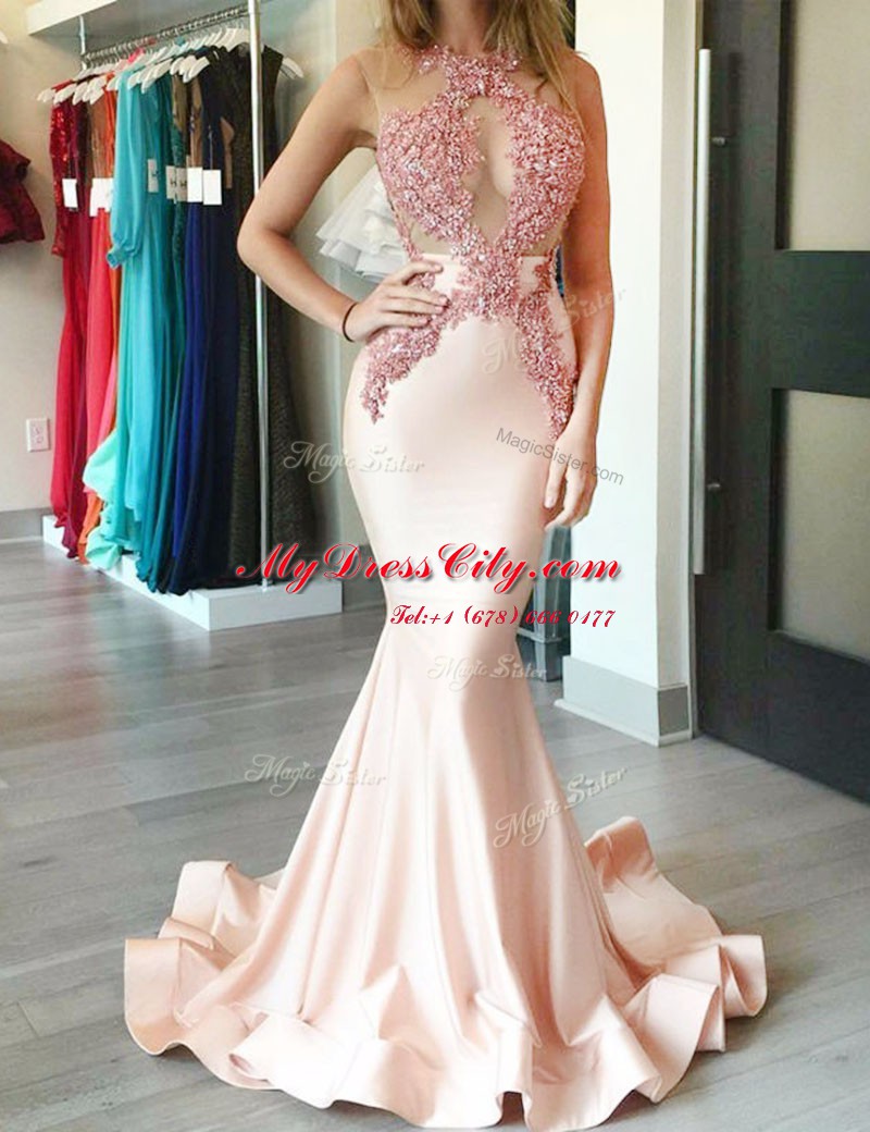 Mermaid Satin Halter Top Sleeveless Brush Train Zipper Appliques Prom Party Dress in Peach