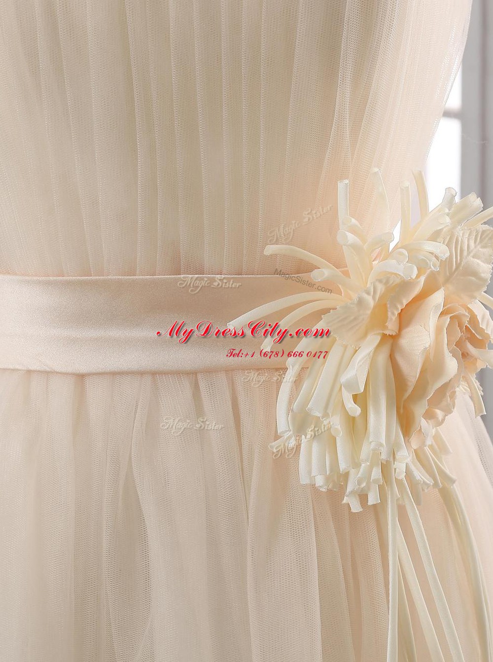 Fitting White and Champagne Strapless Zipper Belt and Hand Made Flower Prom Gown Sleeveless