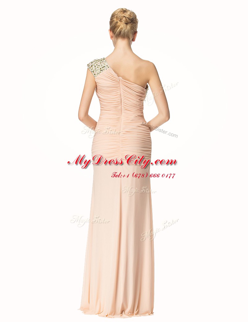 Hot Selling Mermaid One Shoulder Sleeveless Chiffon Floor Length Zipper Prom Dress in Peach with Beading and Ruching