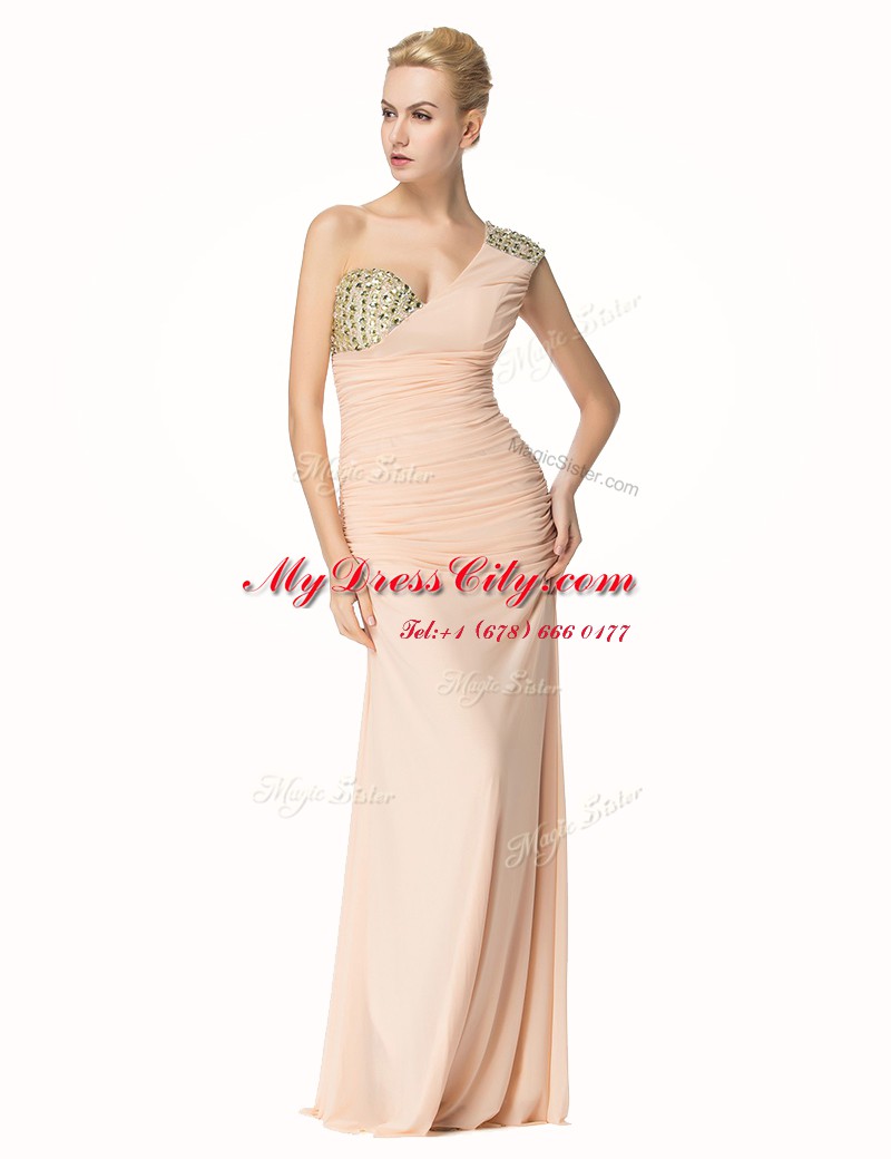 Hot Selling Mermaid One Shoulder Sleeveless Chiffon Floor Length Zipper Prom Dress in Peach with Beading and Ruching