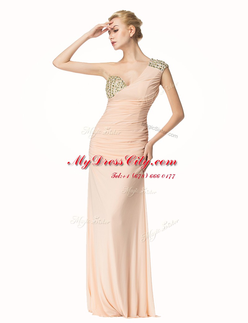 Hot Selling Mermaid One Shoulder Sleeveless Chiffon Floor Length Zipper Prom Dress in Peach with Beading and Ruching