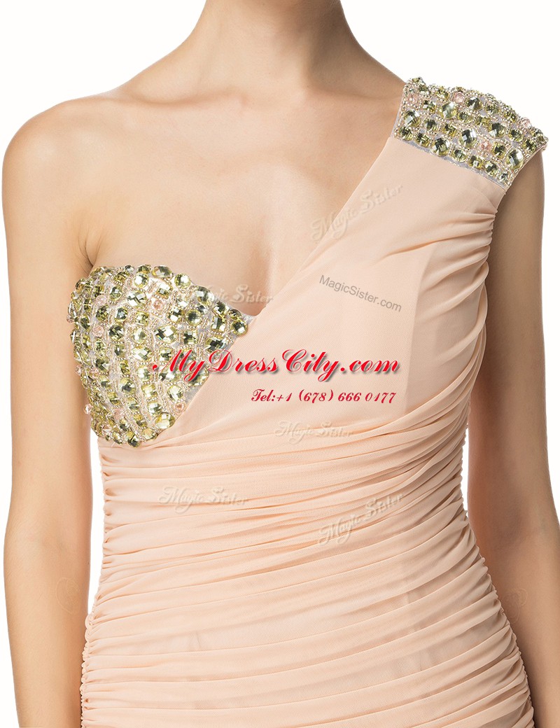 Hot Selling Mermaid One Shoulder Sleeveless Chiffon Floor Length Zipper Prom Dress in Peach with Beading and Ruching