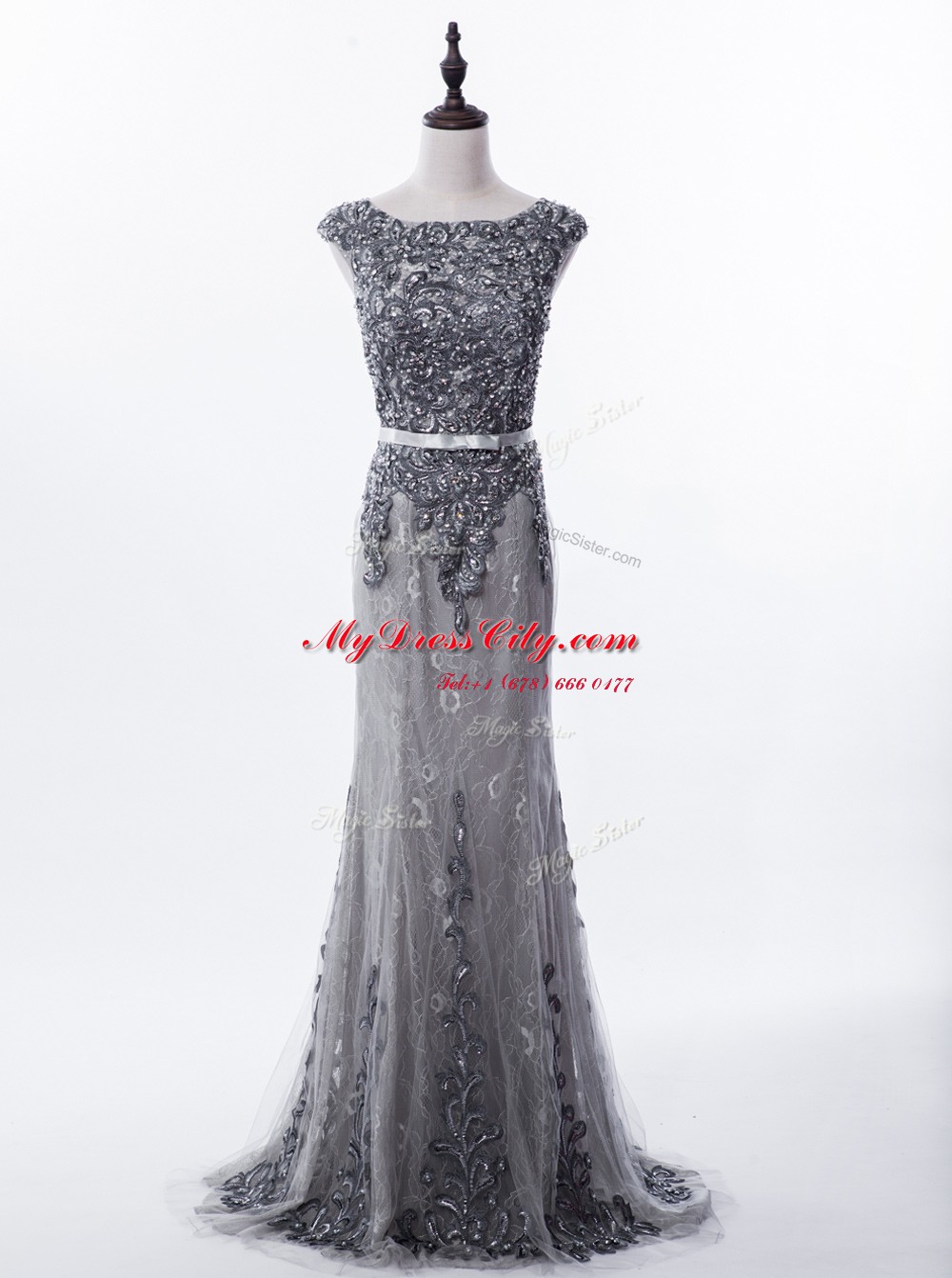 Romantic Mermaid Lace Grey Prom Gown Prom and Party and For with Beading Scoop Sleeveless Brush Train Zipper