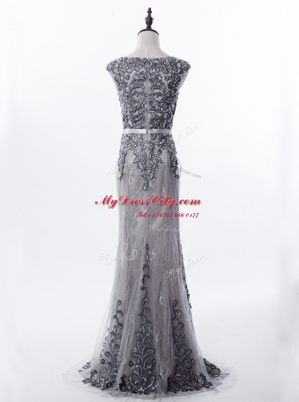 Romantic Mermaid Lace Grey Prom Gown Prom and Party and For with Beading Scoop Sleeveless Brush Train Zipper