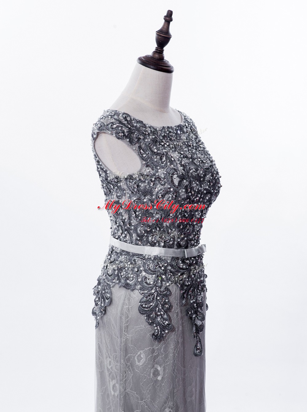 Romantic Mermaid Lace Grey Prom Gown Prom and Party and For with Beading Scoop Sleeveless Brush Train Zipper