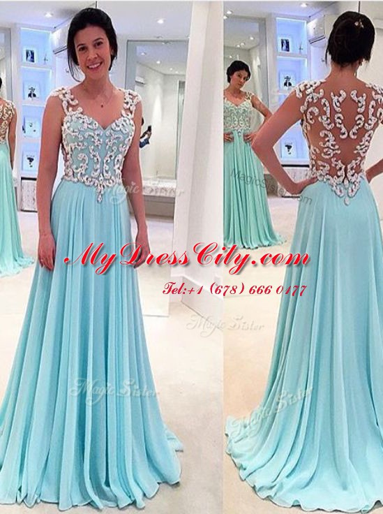 Shining A-line Prom Gown Aqua Blue Sweetheart Chiffon Sleeveless Floor Length Zipper