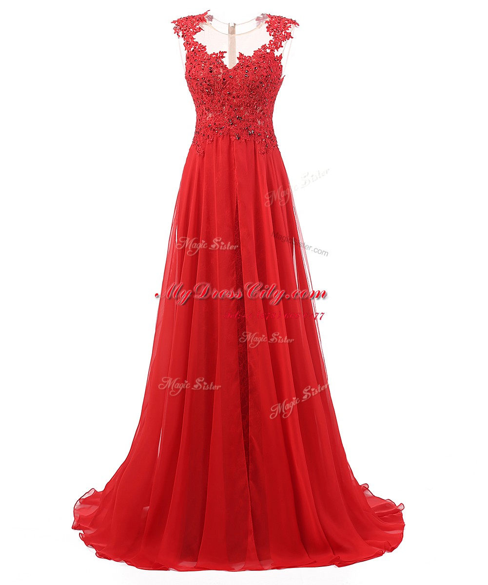 V-neck Sleeveless Homecoming Dress With Brush Train Appliques Red Chiffon