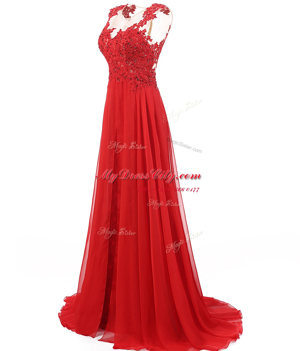 V-neck Sleeveless Homecoming Dress With Brush Train Appliques Red Chiffon