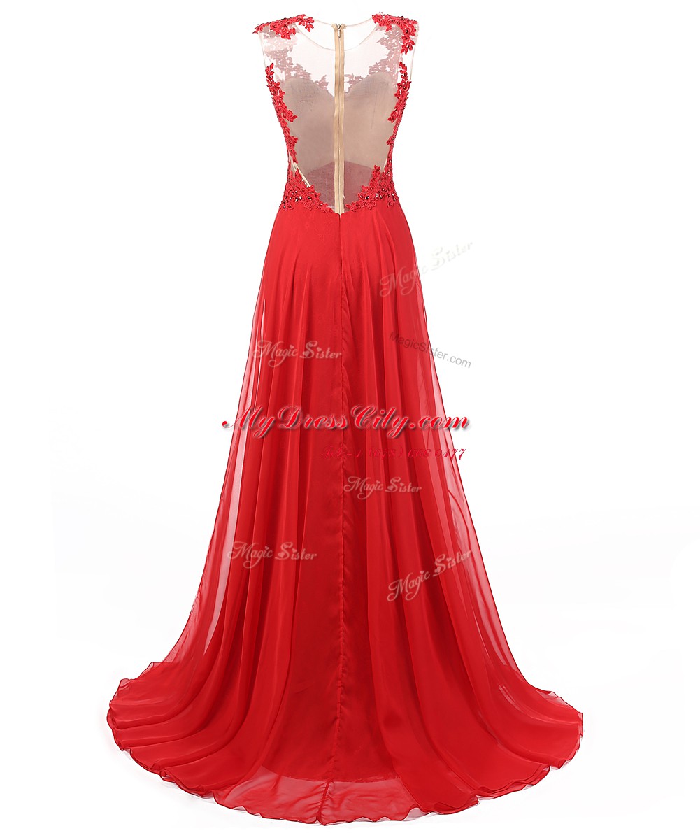 V-neck Sleeveless Homecoming Dress With Brush Train Appliques Red Chiffon