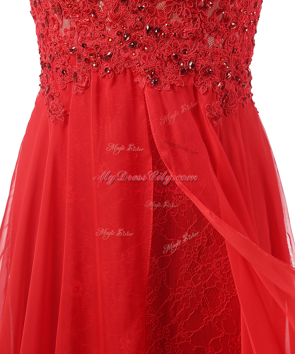 V-neck Sleeveless Homecoming Dress With Brush Train Appliques Red Chiffon