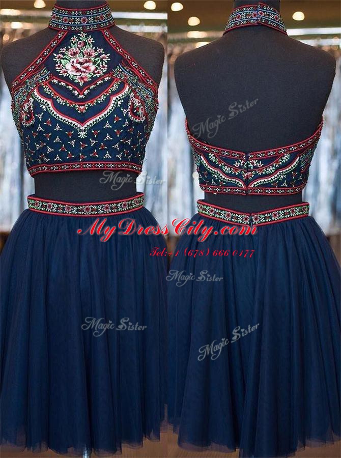 Modern Navy Blue Sleeveless Embroidery Knee Length Prom Dresses