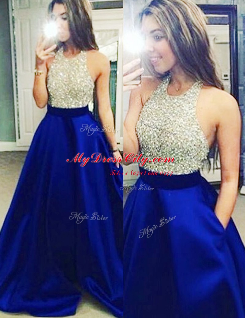 Pretty Halter Top Royal Blue Satin Backless Prom Dress Sleeveless Floor Length Beading