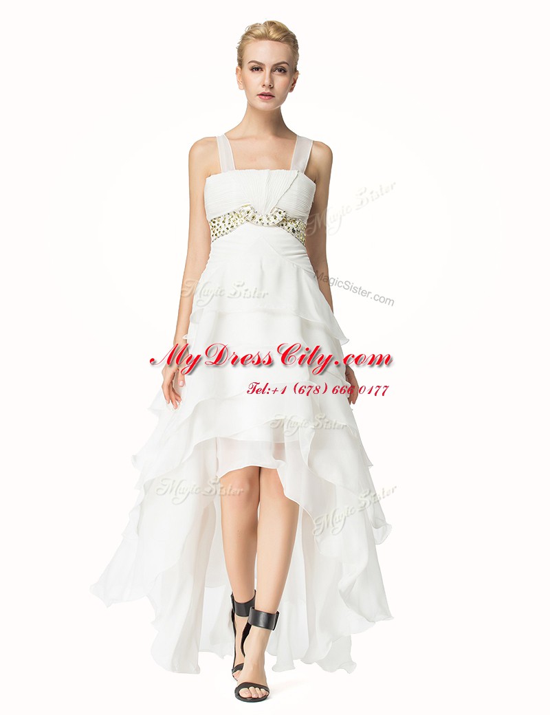 High Low White Homecoming Dresses Organza Sleeveless Beading