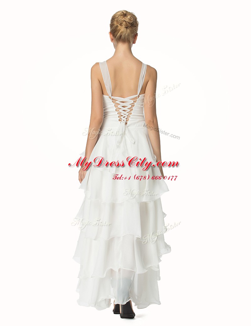 High Low White Homecoming Dresses Organza Sleeveless Beading