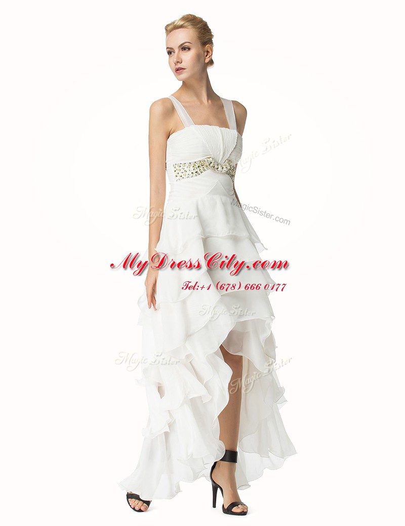 High Low White Homecoming Dresses Organza Sleeveless Beading