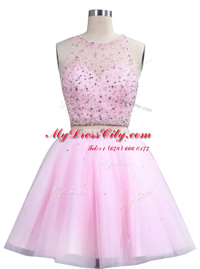 Pink A-line Scoop Sleeveless Organza Knee Length Zipper Beading Party Dress Wholesale