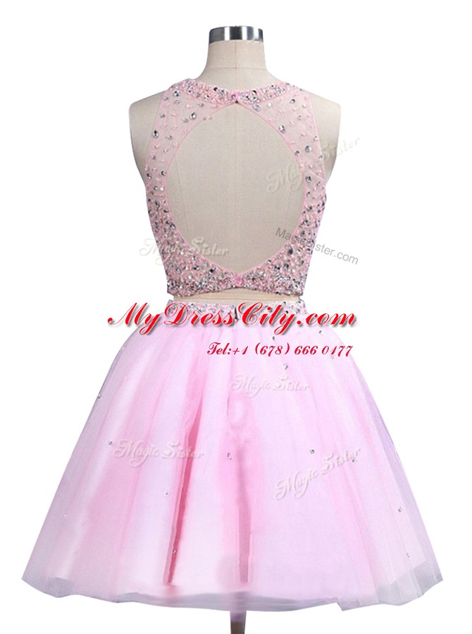 Pink A-line Scoop Sleeveless Organza Knee Length Zipper Beading Party Dress Wholesale