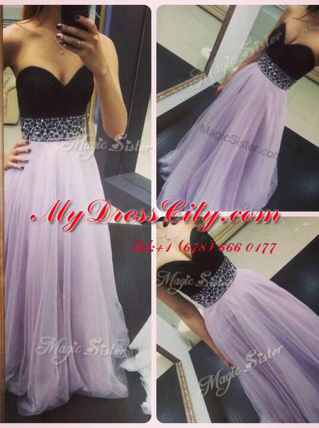 Lavender A-line Sweetheart Sleeveless Tulle Floor Length Zipper Beading Prom Dress