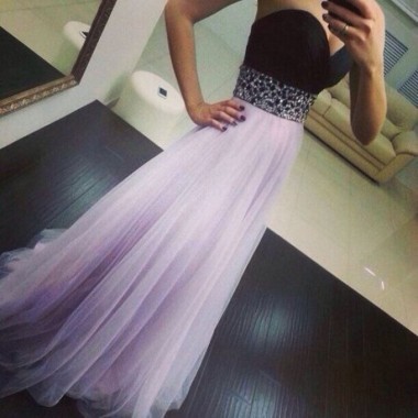 Lavender A-line Sweetheart Sleeveless Tulle Floor Length Zipper Beading Prom Dress